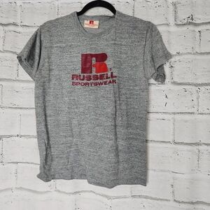 Vintage Russell Athletic Womens Gray Red Graphic Short Sleeve T-Shirt Sz Medium